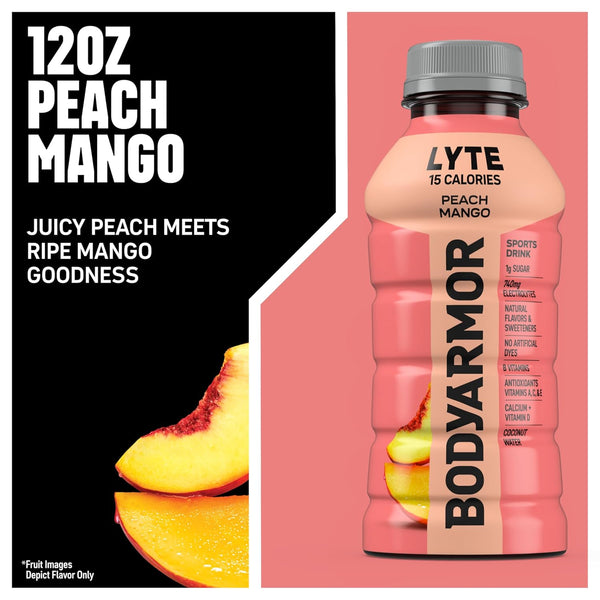 BODYARMOR LYTE, Peach Mango, Electrolyte Drink, 15 Calories, 12 Fl Oz Bottles