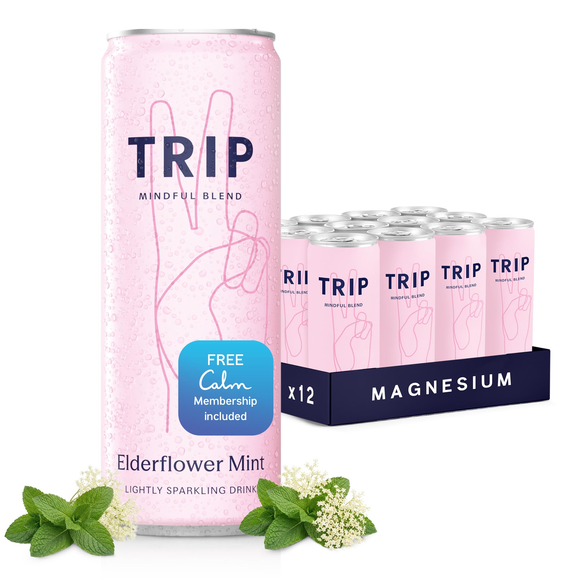 TRIP Lightly Sparkling Adaptogen Drink, Non Alcoholic Drink with Magnesium, Ashwagandha, Lions Mane & L Theanine, No Added Sugar Mocktail, Vegan, Elderflower Mint, 12 Oz, 12oz