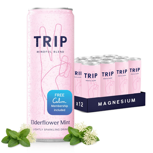 TRIP Lightly Sparkling Adaptogen Drink, Non Alcoholic Drink with Magnesium, Ashwagandha, Lions Mane & L Theanine, No Added Sugar Mocktail, Vegan, Elderflower Mint, 12 Oz, 12oz