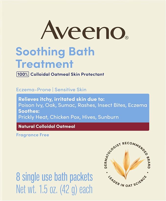 Aveeno Soothing Bath Treatment 100% Natural Colloidal Oatmeal 8 Single Use Bath Packets Relieves Itchy Irritated Skin due to: Poison Ivy/oak/sumac, rashes, insect bites eczema and Soothes: Prickly Heat, Chicken Pox, hives, sunburn 1.5oz each packet