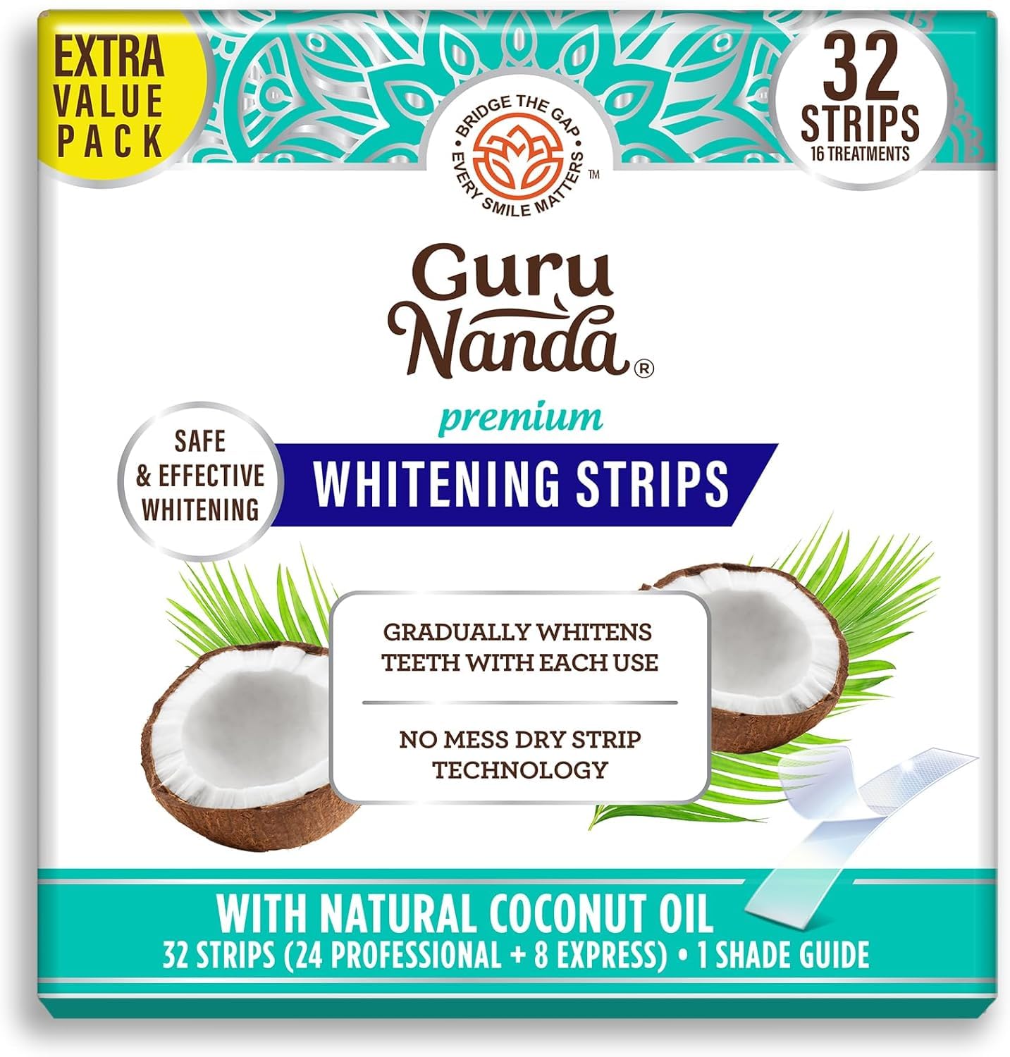 GuruNanda Teeth Whitening Strips - 16-Day Treatment with Non-Slip, Dry Strip Technology - Whitening Designed with Care for a Brighter Smile