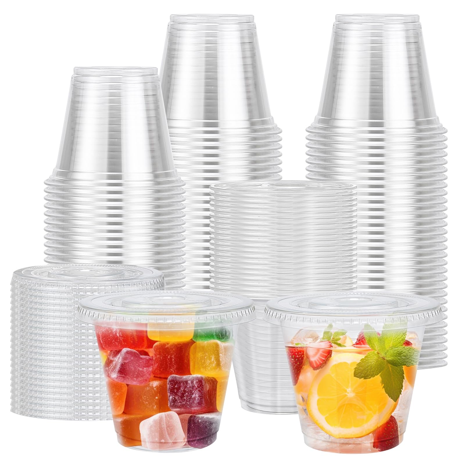 Lamosi Clear Plastic Cups Flat Lids 9oz 100 Pack