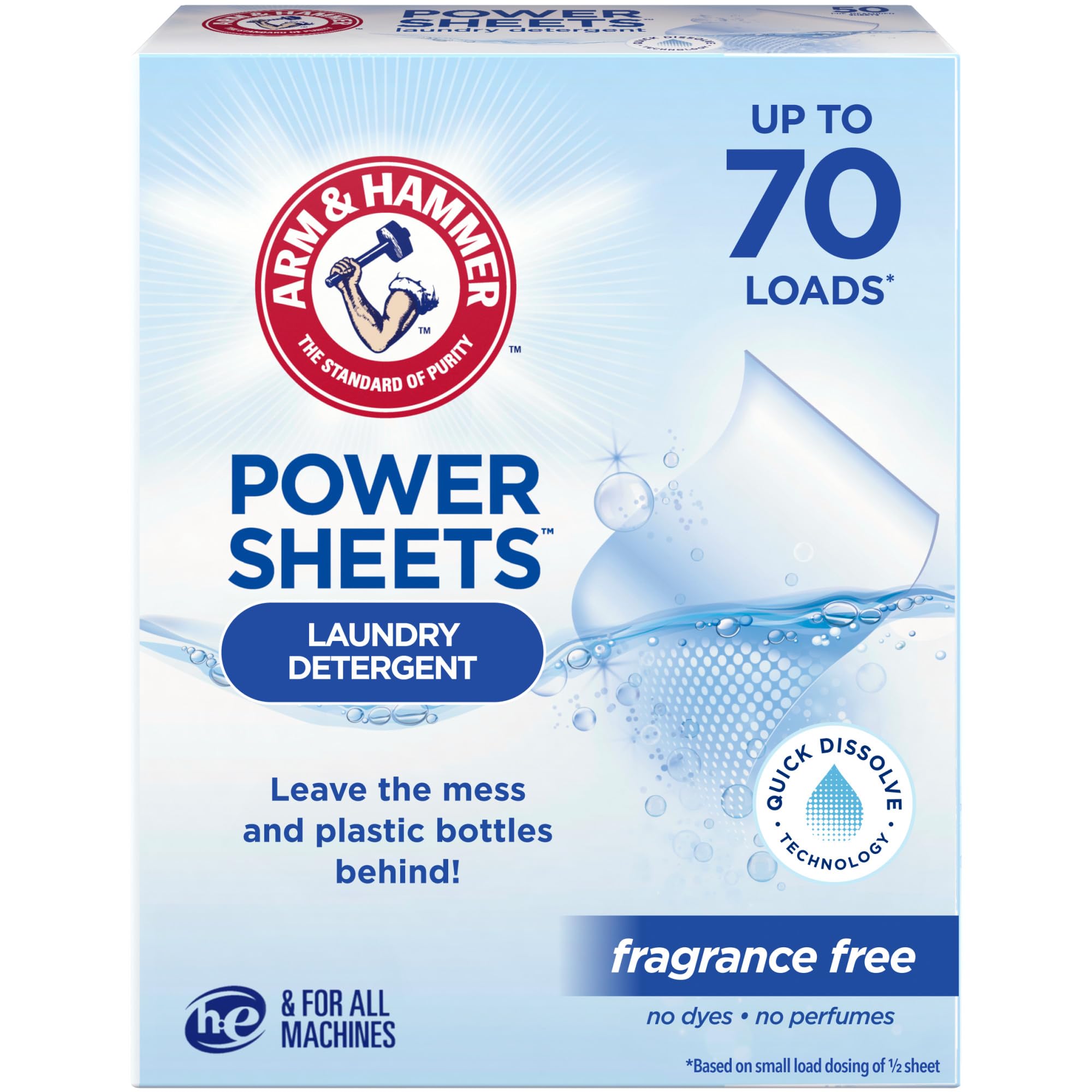 ARM & HAMMER Power Sheets Laundry Detergent, Fragrance Free, No Dyes or Perfumes, Lightweight and Travel-Friendly, 35 Count, Up to 70 Small Loads