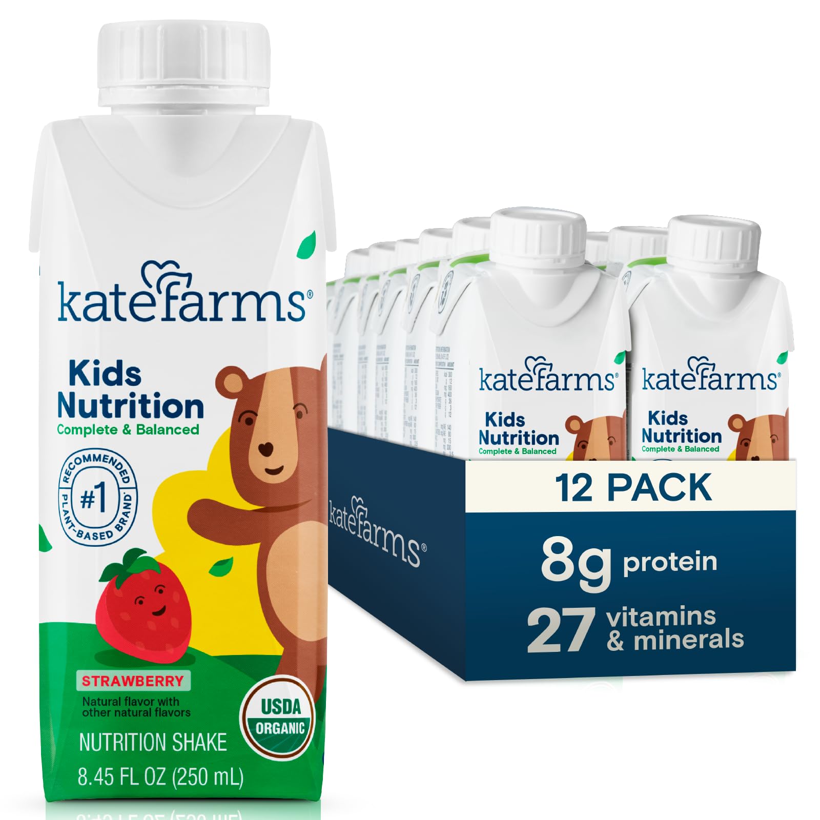 KATE FARMS Organic Kids Nutrition Strawberry Shake, 8g Protein, 27 Vitamins and Minerals, Meal Replacement, Gluten Free, Non-GMO, 8.45 oz (12 Pack)