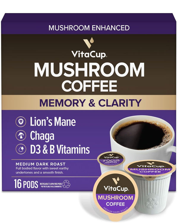 VitaCup Mushroom Coffee Pods, Boost Focus & Immunity w/Lions Mane, Chaga, B Vitamins, D3 for Memory & Clarity, Medium Roast, Single Serve Pod