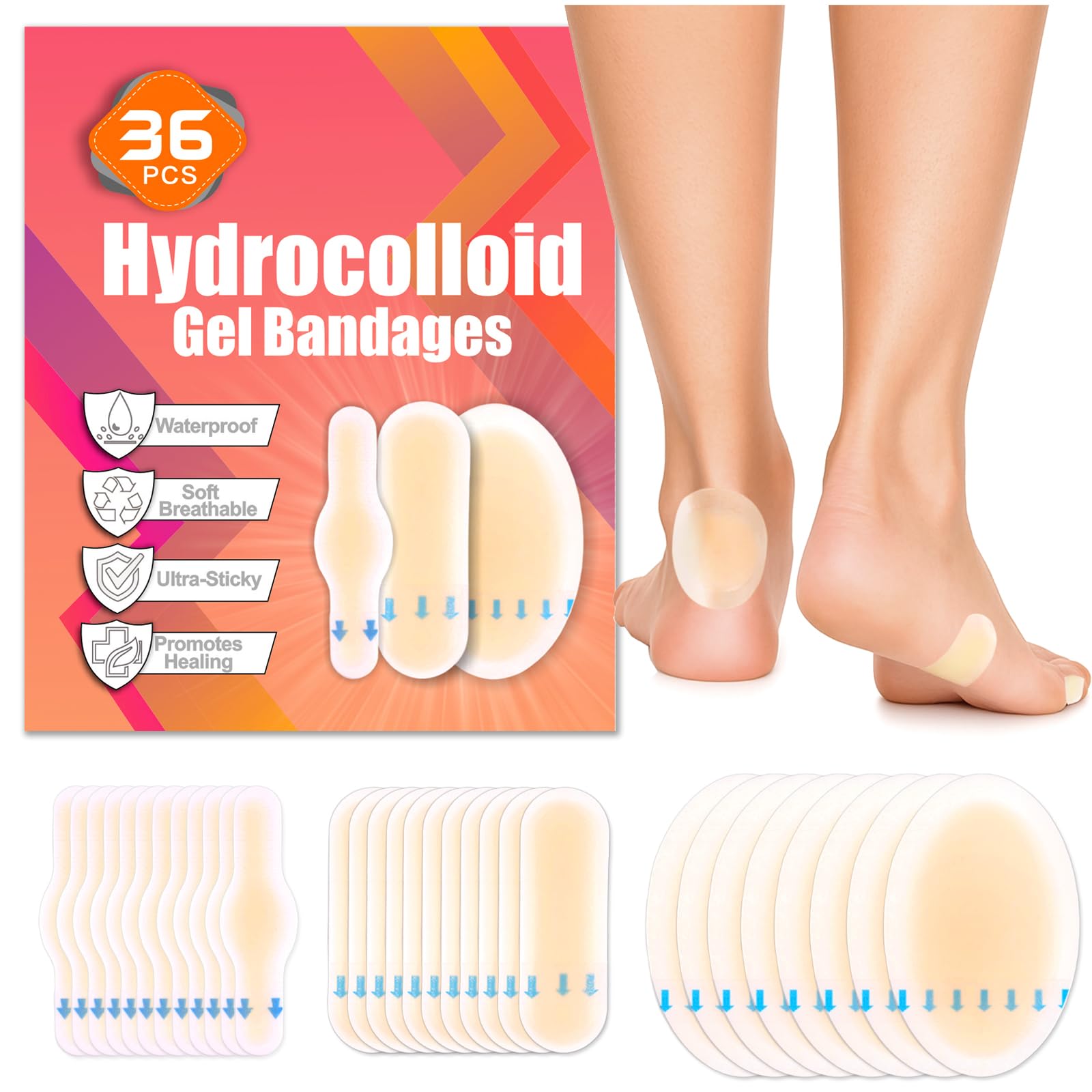 Hydrocolloid Waterproof Blister Bandages Feet 36 Pack