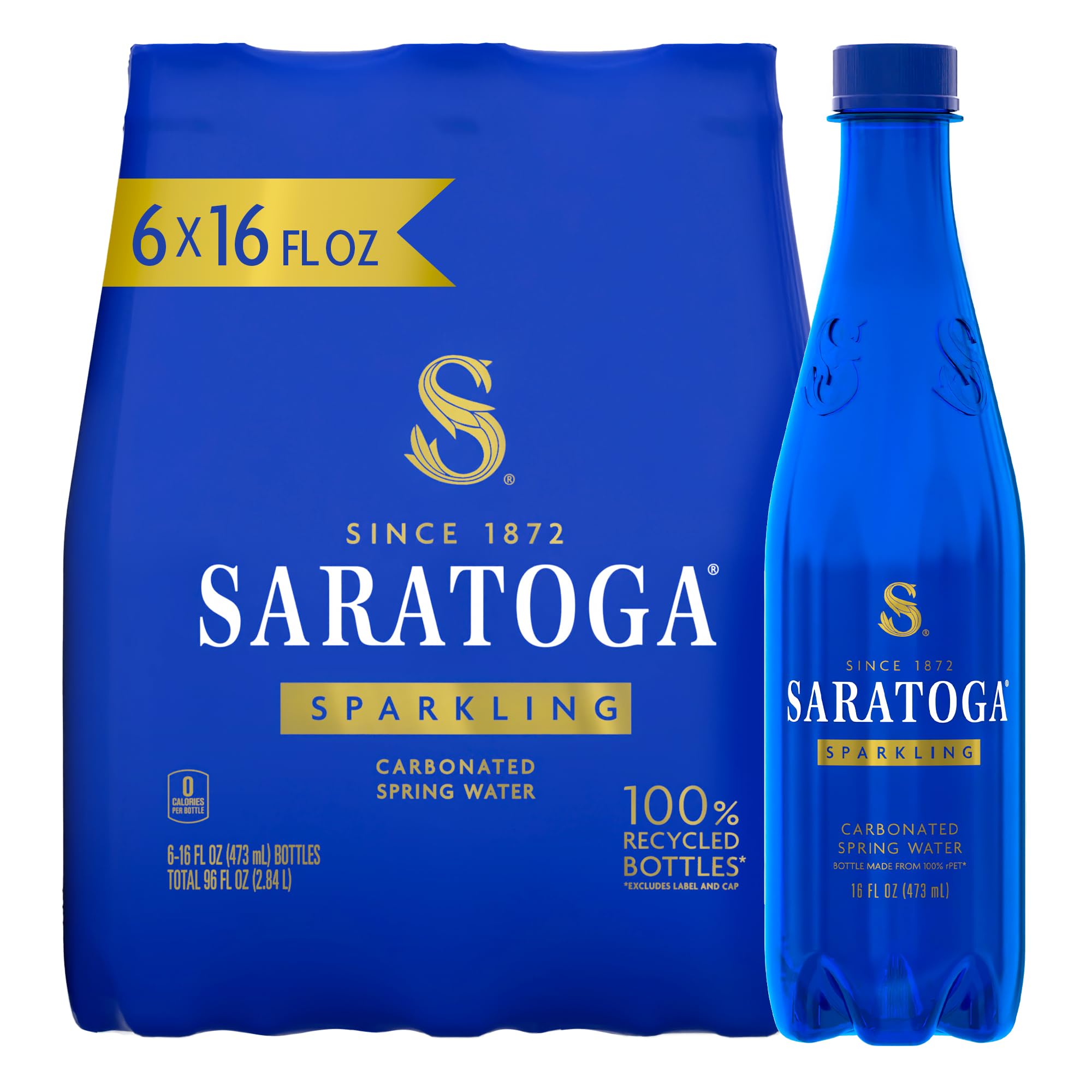 Saratoga Sparkling Water Bottles, 6-Pack Ã¢Â€Â“ Carbonated Spring Bottled Water Ã¢Â€Â“ Recycled PET Plastic Bottles Ã¢Â€Â“ 16 Fl Oz