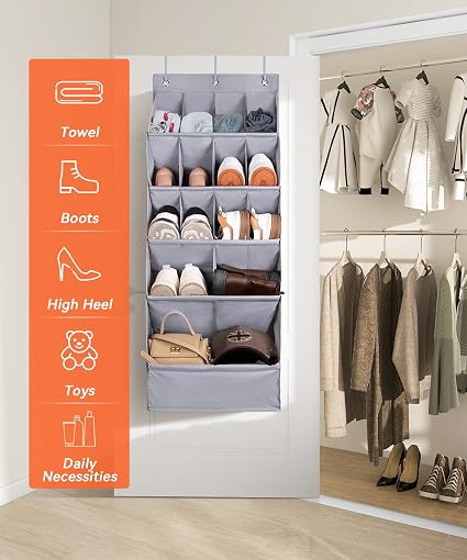 FENTEC 1 Pack Over-the-Door-Shoe-Organizers, Hanging Organizer Large Pocket | Shoe Holder Hanging Shoe Rack for Closet Shoe Organizer for Wall, Over Door Organizer with 15 Pockets for Boot, Sneaker, Gray