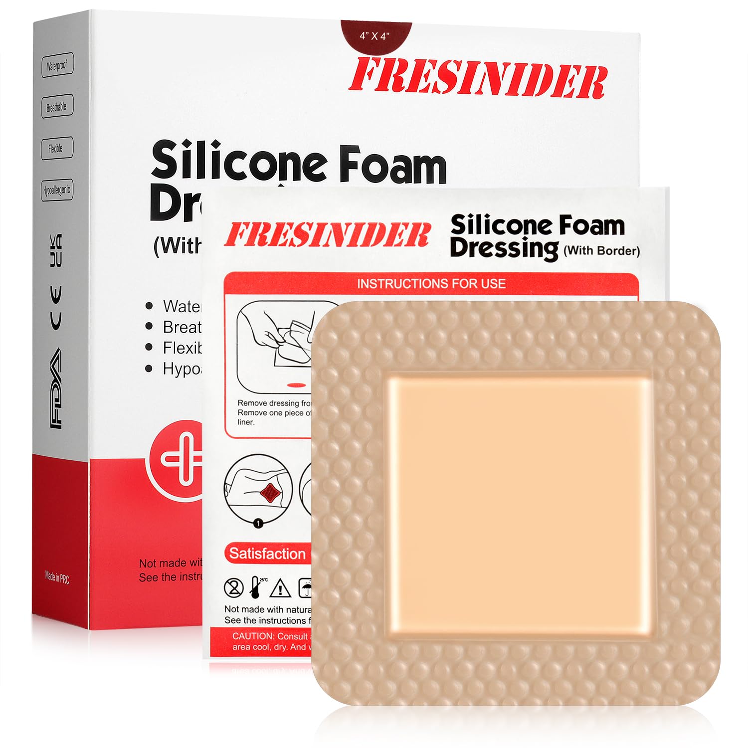 FRESINIDER Silicone Foam Dressing Adhesive Border 4x4in 10 Pack