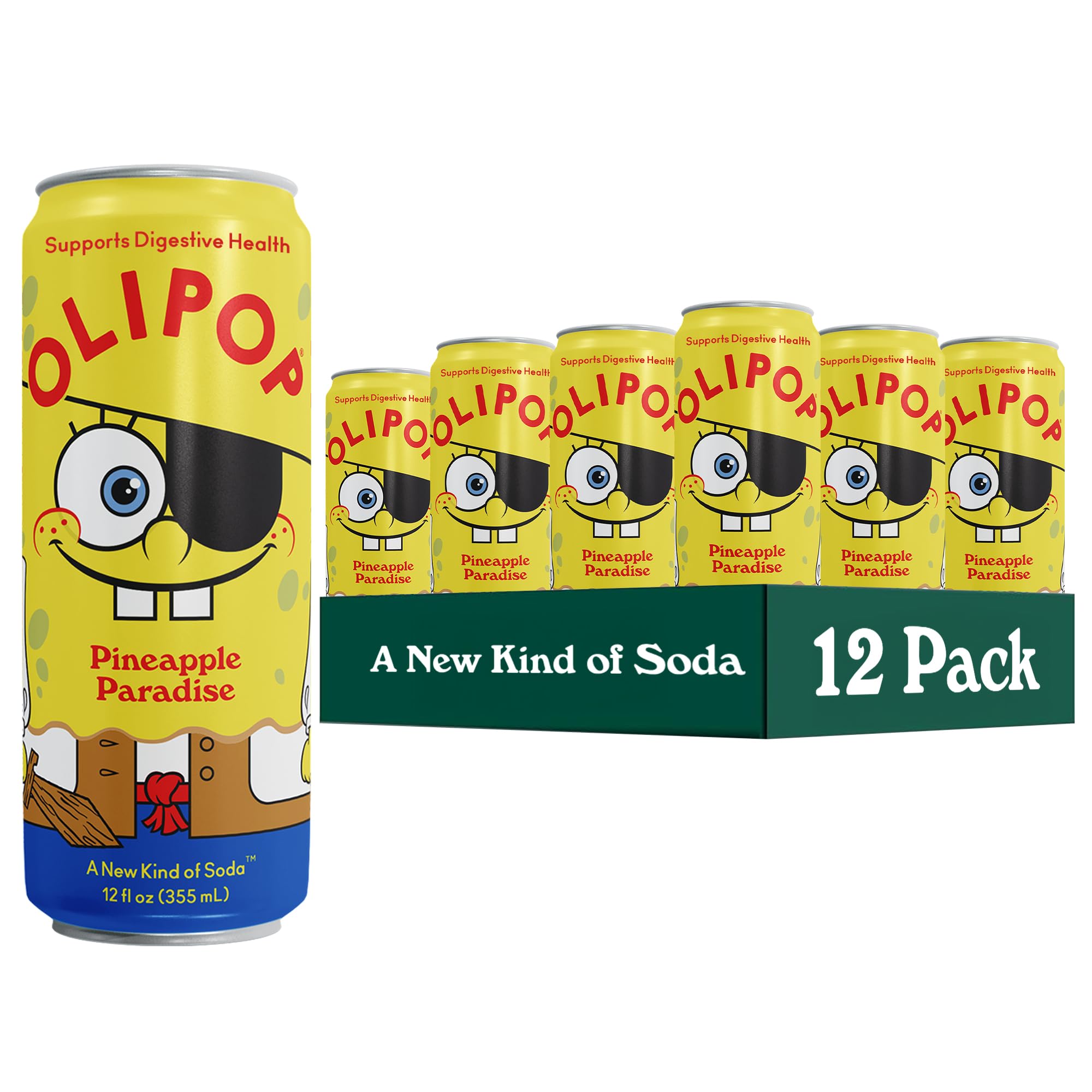 OLIPOP Prebiotic Soda Pop, SpongeBob Pineapple Paradise, Packed with Prebiotics, Fiber, and Botanicals, Gluten Free, GMO Free, 12oz Skinny Can