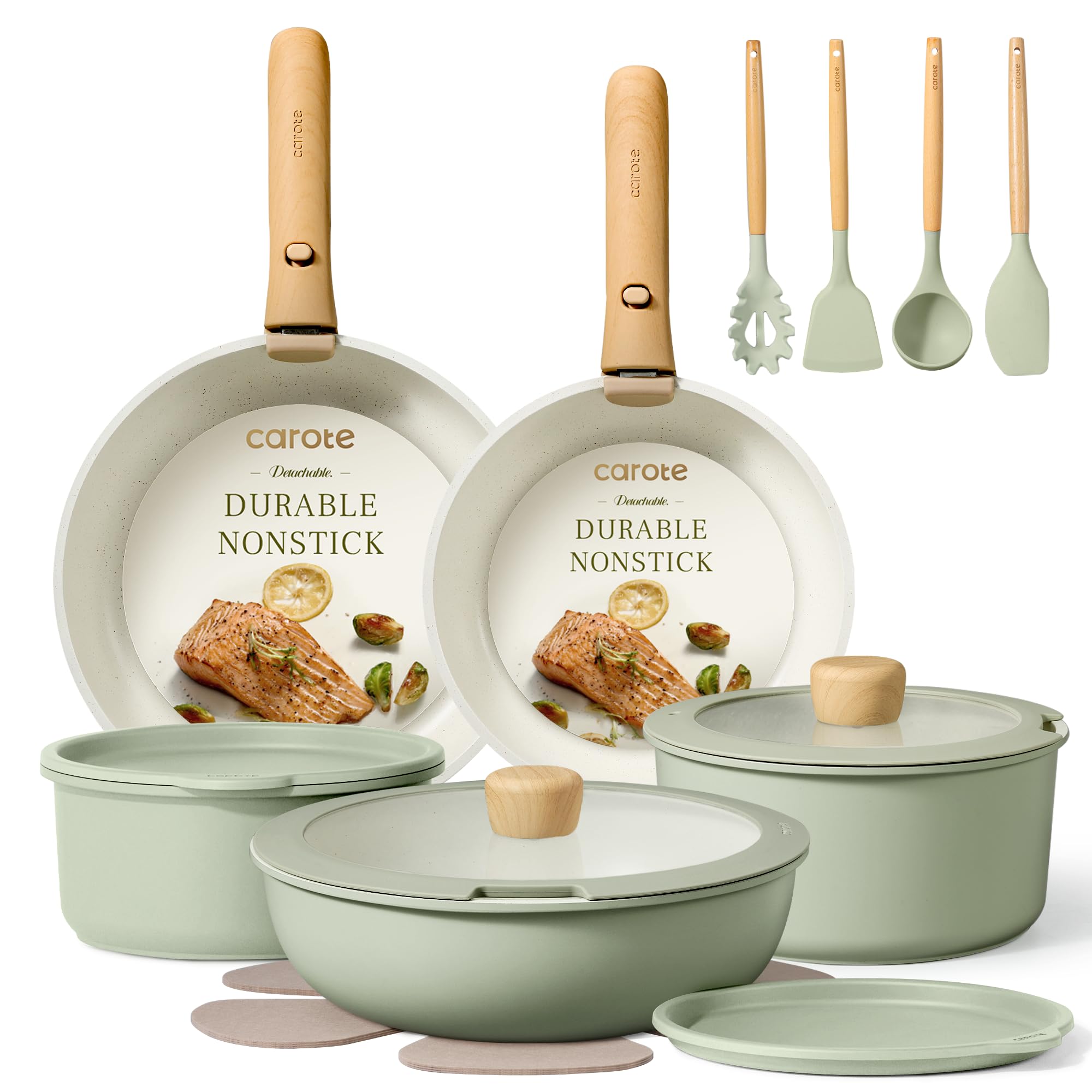 CAROTE Sage Green Detachable Handle Cookware 19 Piece