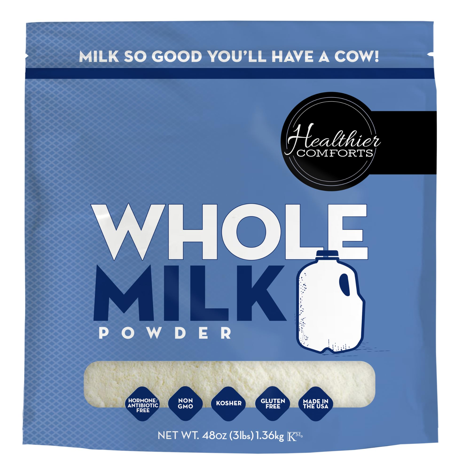 Healthier Comforts Whole Milk Powder | Shelf Stable | Kosher, Gluten Free, Non-GMO, Hormone and Antibiotic Free | Perfect for Shakes, Smoothies, Coffee Creamer, Baking | Made in USA (48oz)