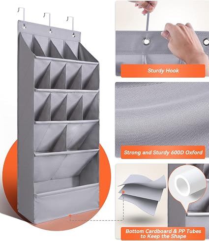 FENTEC 1 Pack Over-the-Door-Shoe-Organizers, Hanging Organizer Large Pocket | Shoe Holder Hanging Shoe Rack for Closet Shoe Organizer for Wall, Over Door Organizer with 15 Pockets for Boot, Sneaker, Gray