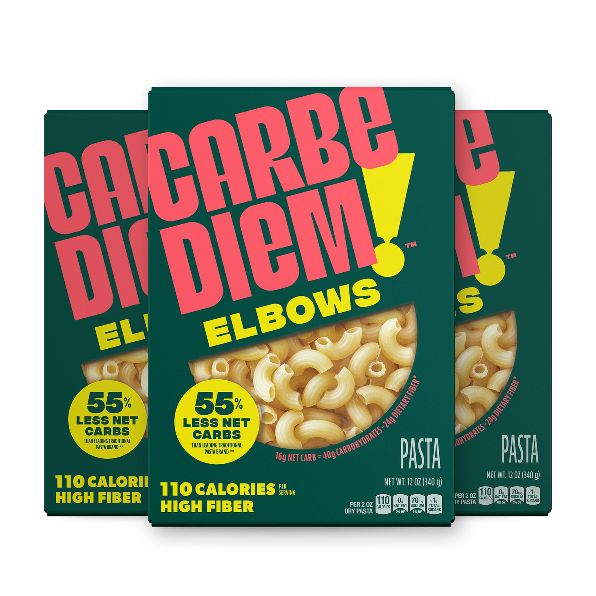 Carbe Diem!, Elbows, Lower Net Carb Pasta with Traditional Flavor & Texture, 8 grams of Protein, 55% Fewer Net Carbs & Only 110 Calories Per Serving, Pack of 3