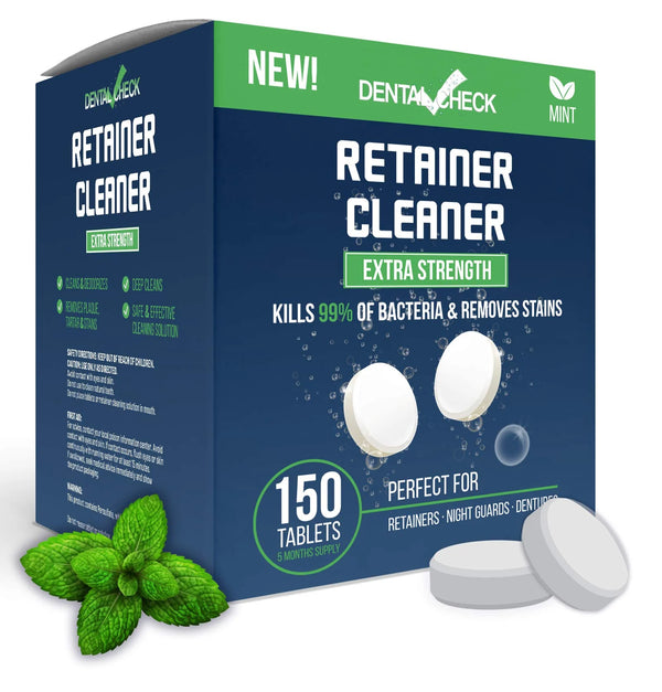 Dental Check Mint Retainer Cleaner Extra Strength Kills 99% of Bacteria & Removes Stains 150 Tablets Perfect for Retainers, Night Guards and Dentures