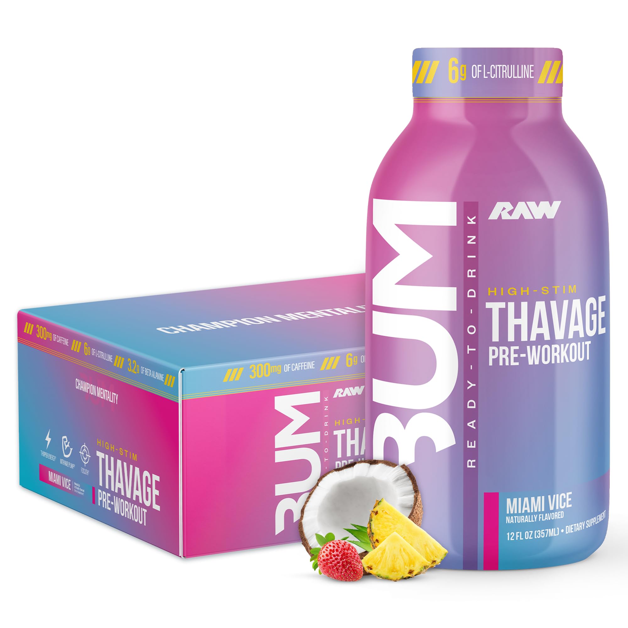 RAW Ready to Drink Pre-Workout Drink - BUM Thavage RTD Preworkout Shakes - Energy Supplement Drinks with Beta Alanine, L-Citrulline & Caffeine - Zero Sugar (12 Pack, Miami Vice)