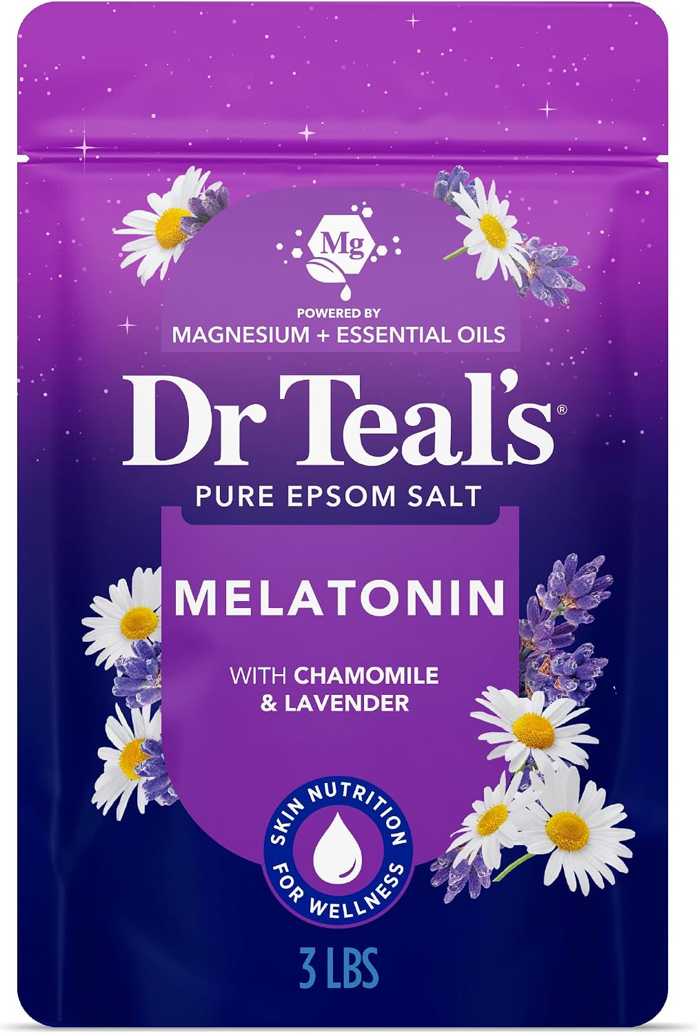 Dr Teal's Epsom Salt Magnesium Soak, Sleep Blend with Melatonin, Lavender & Chamomile Essential Oils, 3 lbs