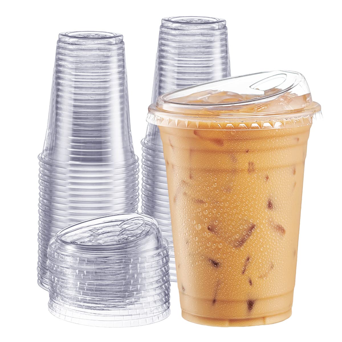 GUSTO Clear Plastic Cups Strawless Lids 100 Pack