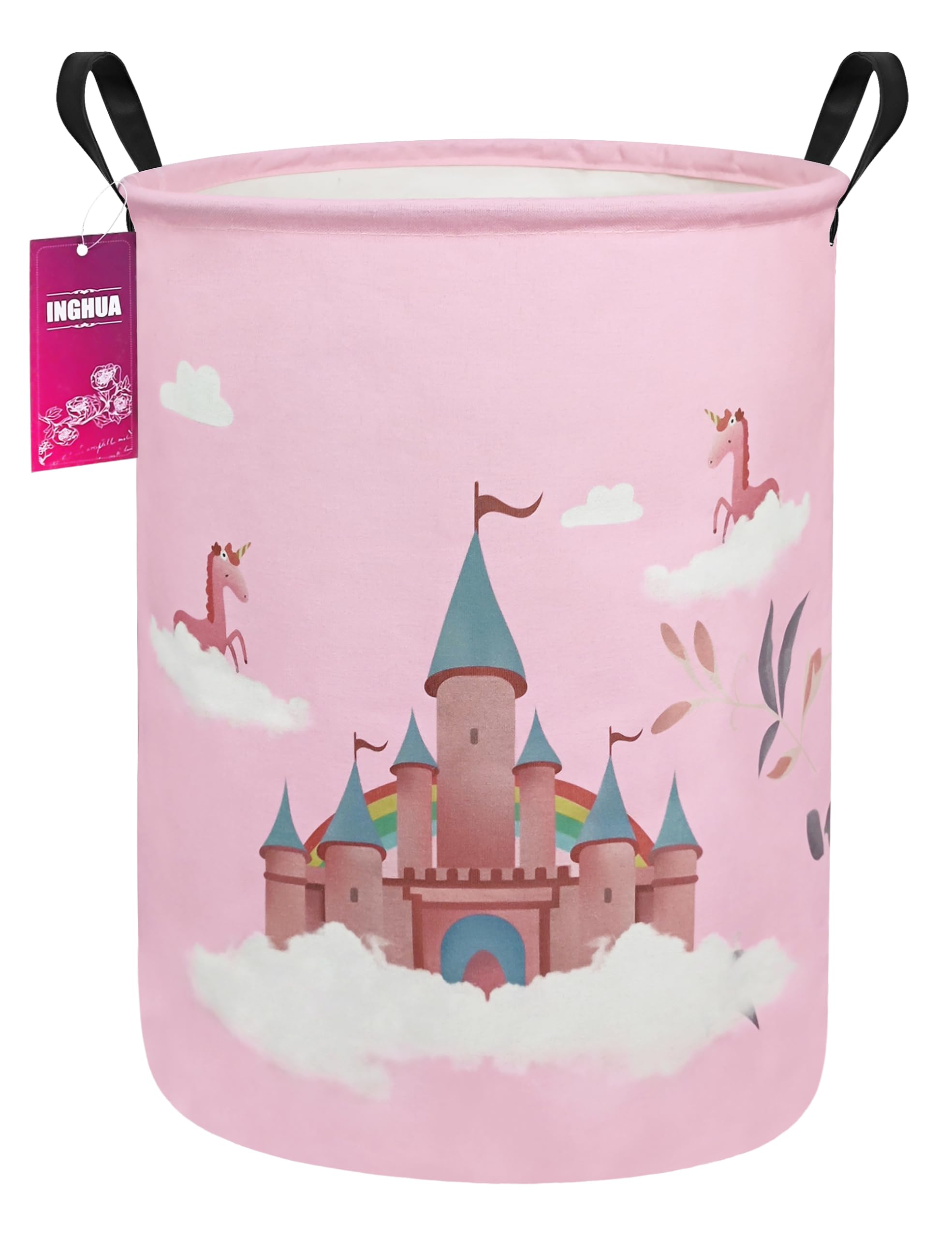 INGHUA Laundry Hamper Large Canvas Fabric Lightweight Storage Basket/Toy Organizer/Dirty Clothes Collapsible Waterproof for College Dorms, Boys and Girls Bedroom,Bathroom(Unicorn Castle)