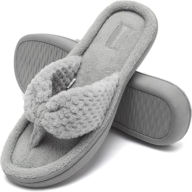 CIOR Women's Cozy Memory Foam Spa Thong Flip Flops Light Gray House Indoor Slippers Plush Gridding Velvet Lining Clog Style