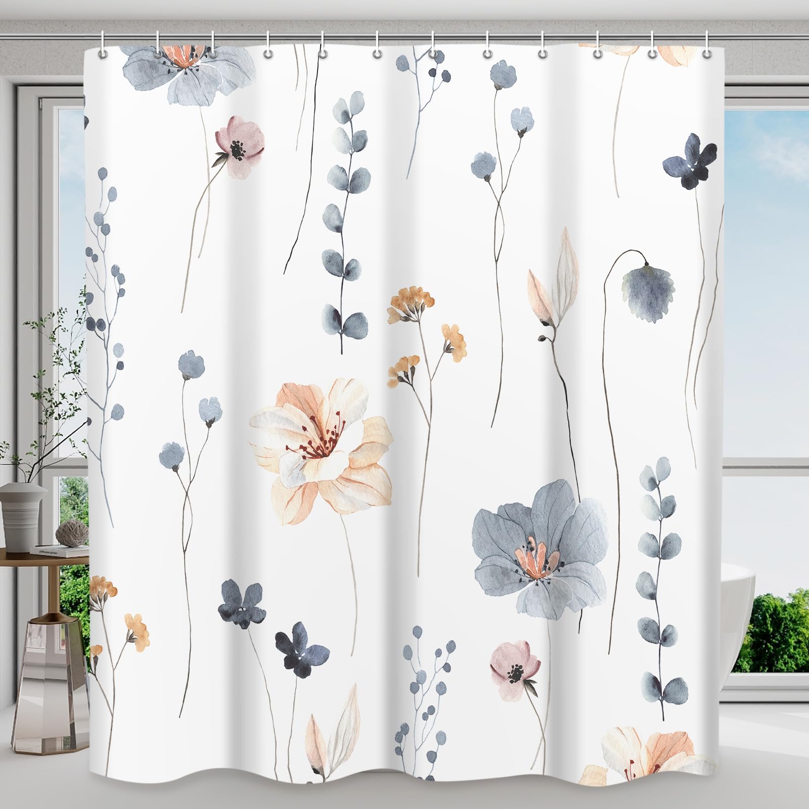 WITHLOC Watercolor Floral Waterproof Shower Curtain