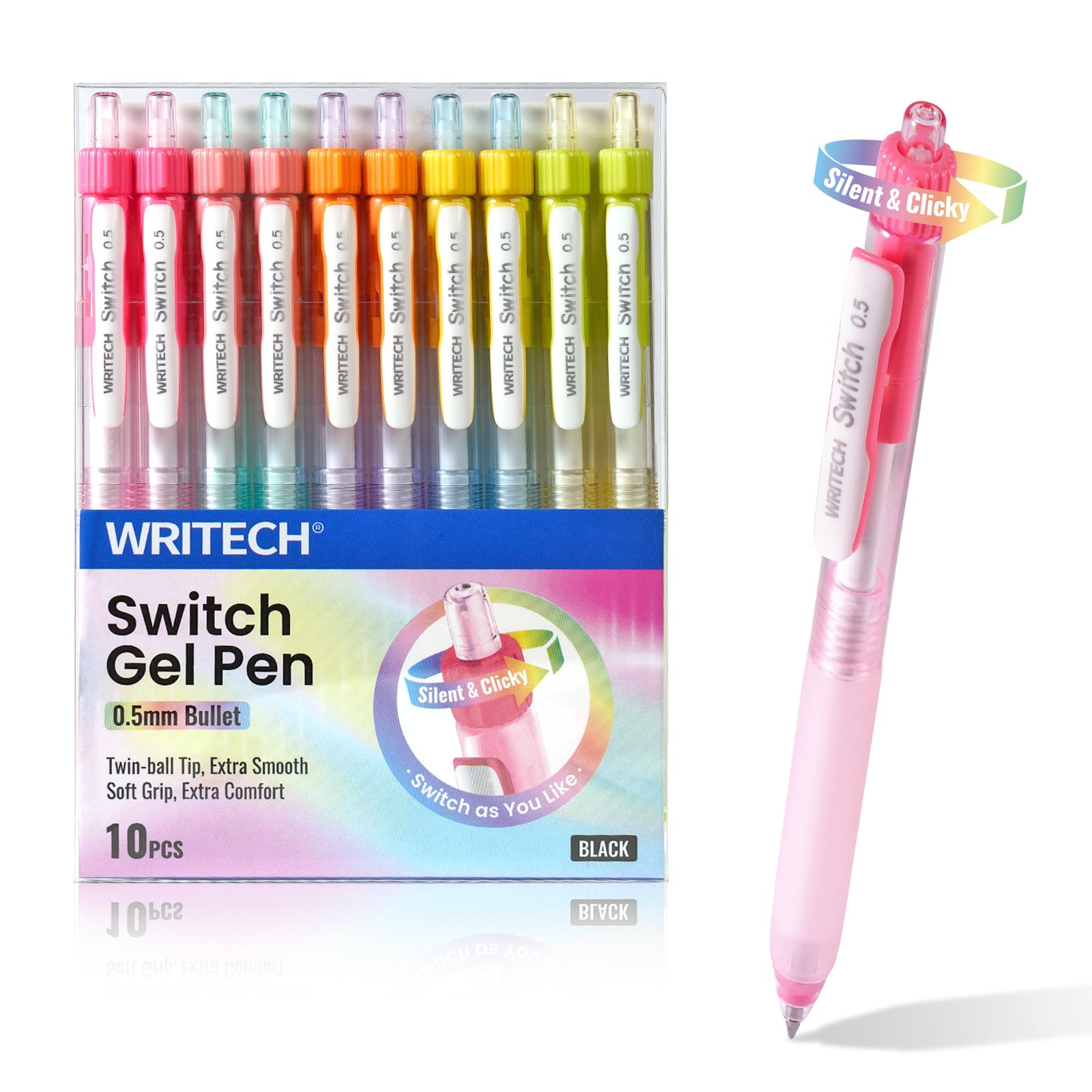 WRITECH Silent Click Gel Pens Black 0.5mm 10-Pack