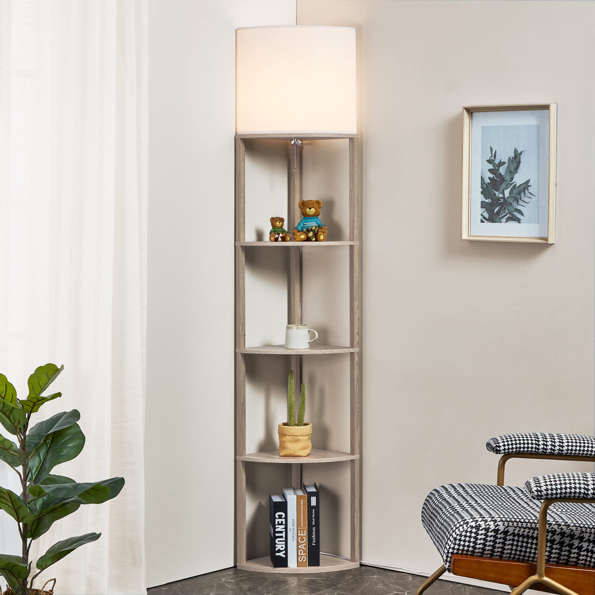 ATAMIN Corner Floor Lamp with Shelves Pull Chain