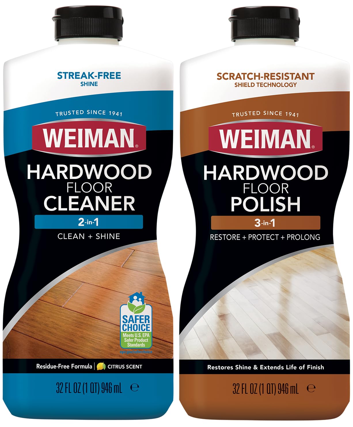 Weiman Hardwood Floor Cleaner and Polish Restorer Combo - 2 Pack - High-Traffic Hardwood Floor, Natural Shine, Removes Scratches, Leaves Protective Layer