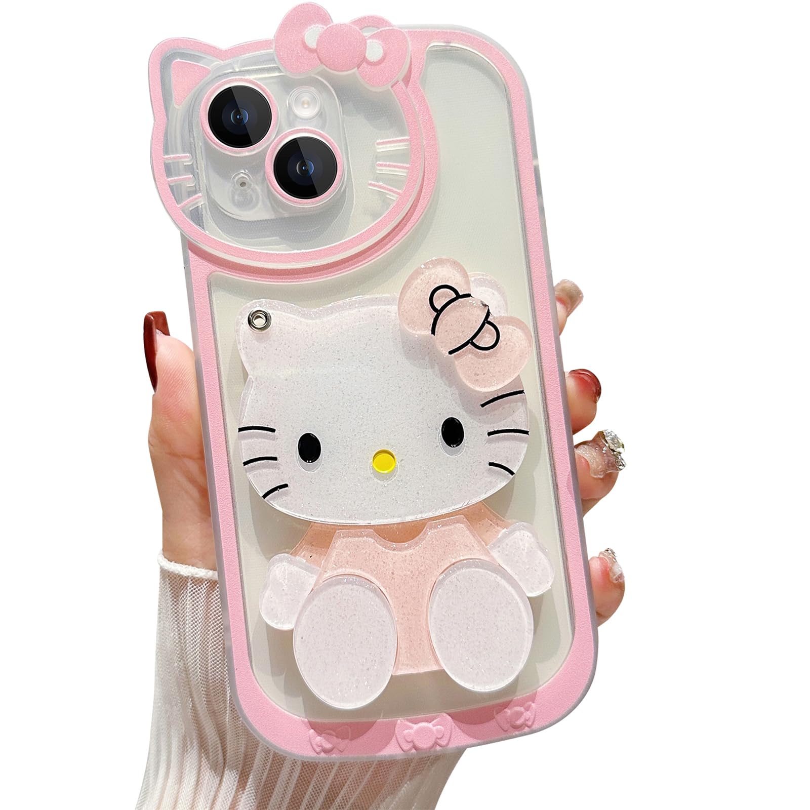 Muntinfe iPhone 13 3D Bow Cat Case with Makeup Mirror Pink