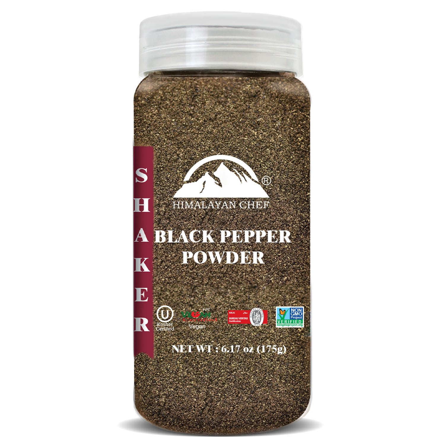 Himalayan Chef Organic Black Pepper Powder Shaker - 6.17Oz (175g), Free from Artificial Colors & Additives, Non GMO & Kosher Certified, Black Pepper Shaker