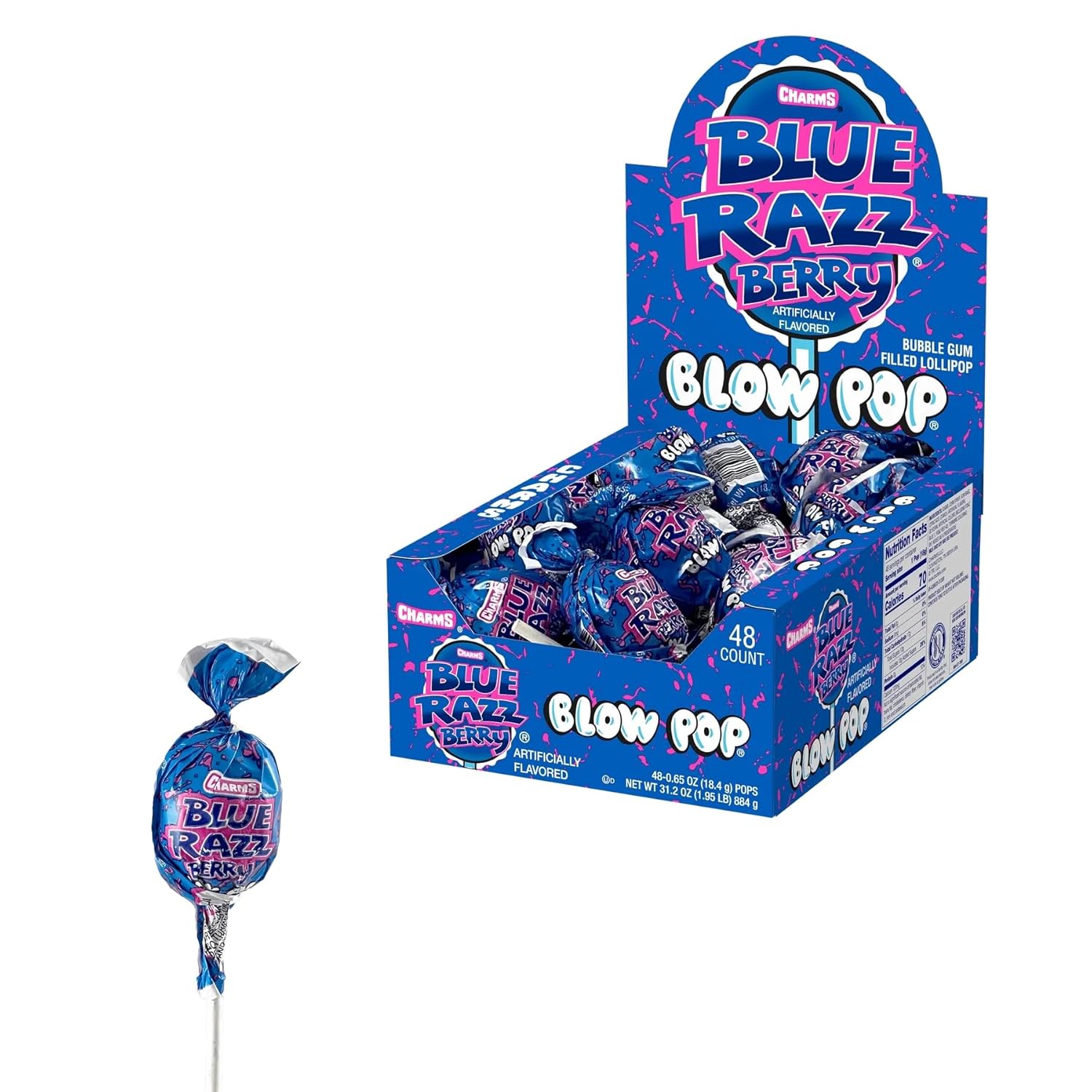 Charms Blow Pop Lollipops - Individually Wrapped Dual Candy and Gum Suckers - Peanut Free, Gluten Free - Bulk Treat for Kids and Adults – Blue Razz Berry