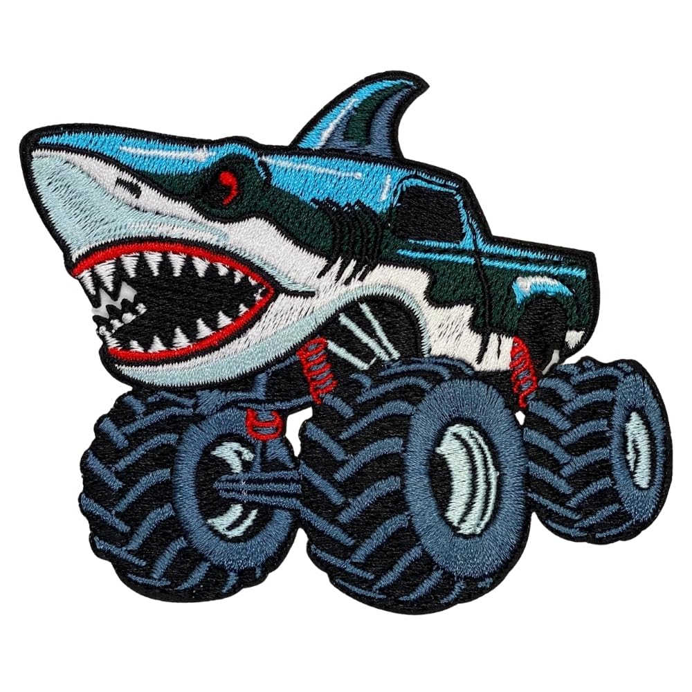 Shark Attack Monster Truck Iron-On Patch 3 Inch