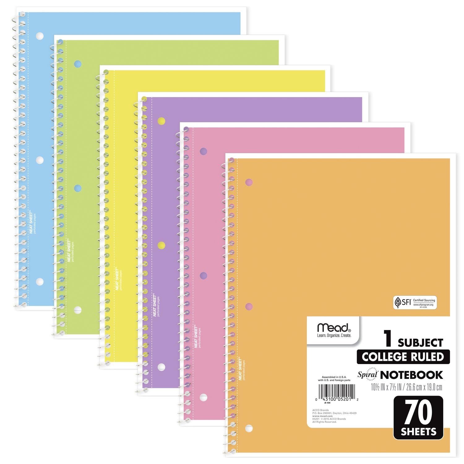 Mead College Ruled Spiral Notebooks 6-Pack Pastel