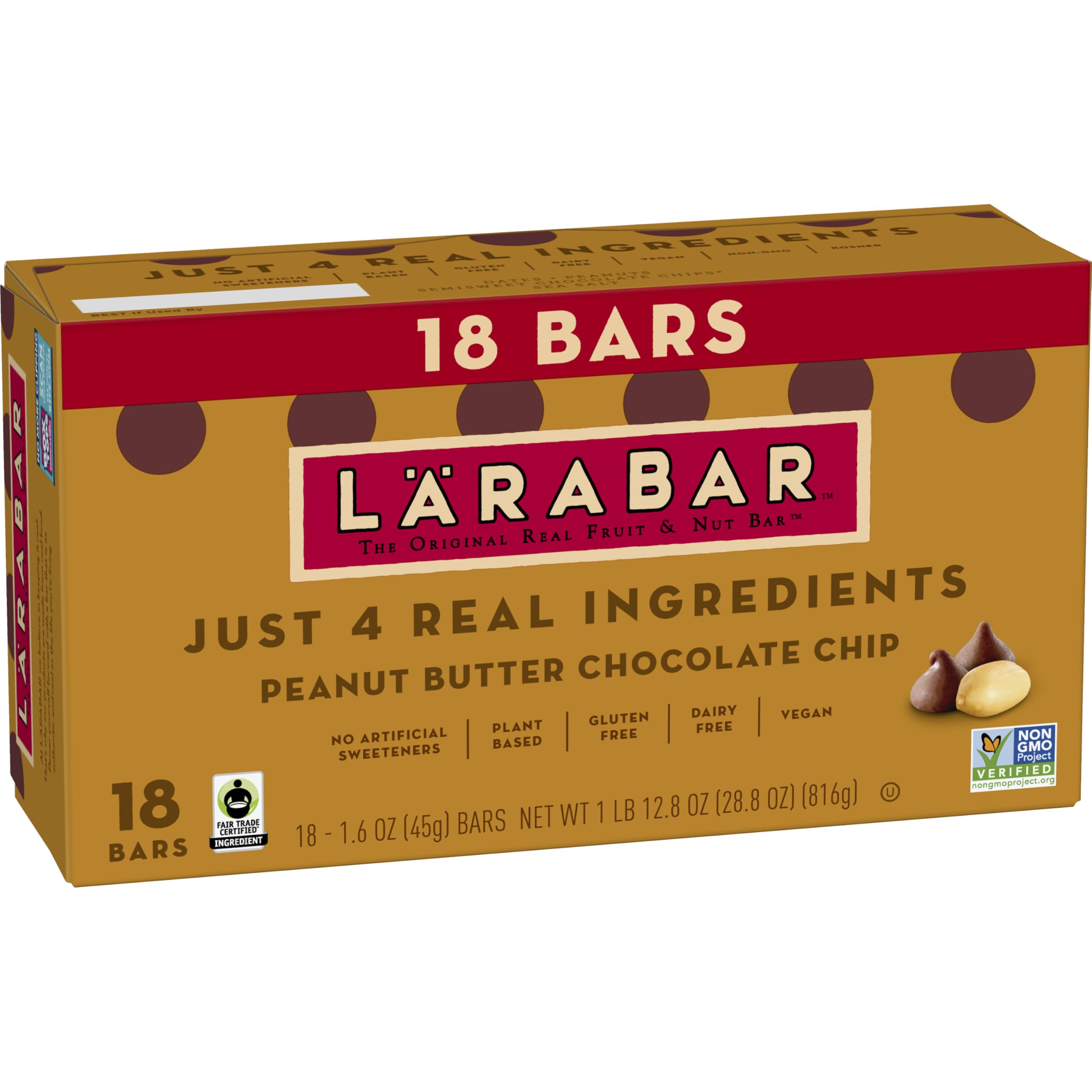 Larabar Peanut Butter Chocolate Chip, Fruit and Nut Bars, Gluten Free and Vegan, 28.8 oz, 18 Ct