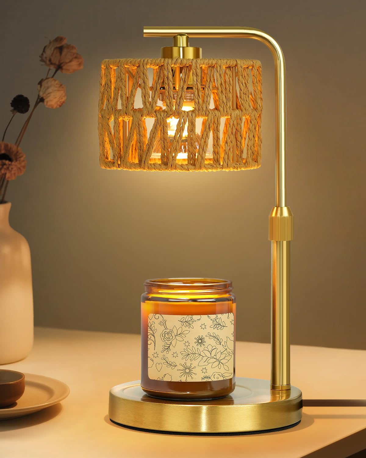 Gold Boho Rattan Candle Warmer Lamp Timer