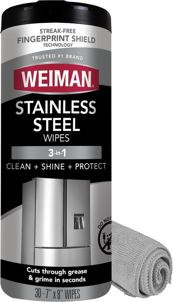 Weiman stainless Steel Wipes + Cloth Clean + Shine + Protect 30-7"x8" Wipes 30 count