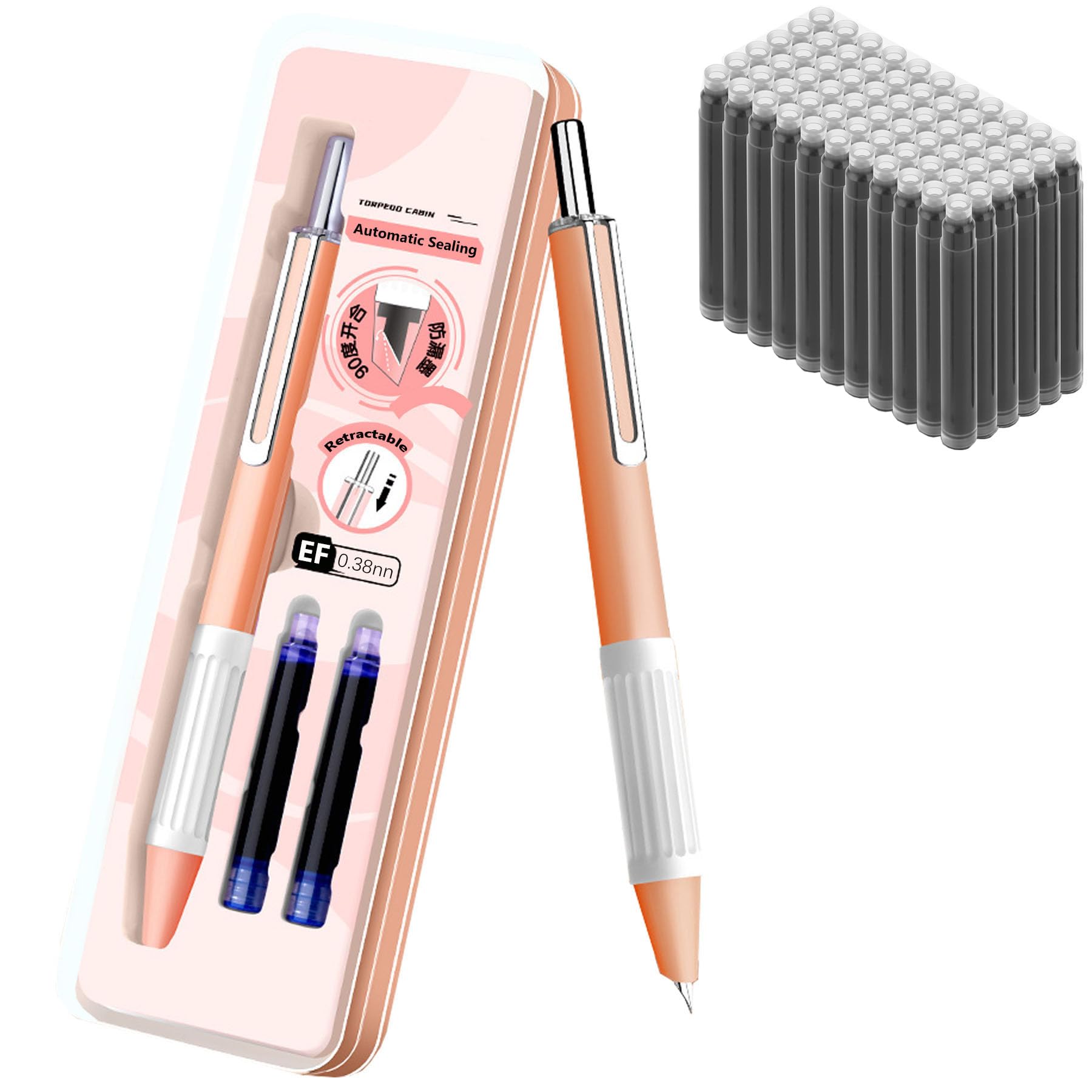 HysmmxHer Retractable Fountain Pen 0.38mm Orange 42 Cartridges