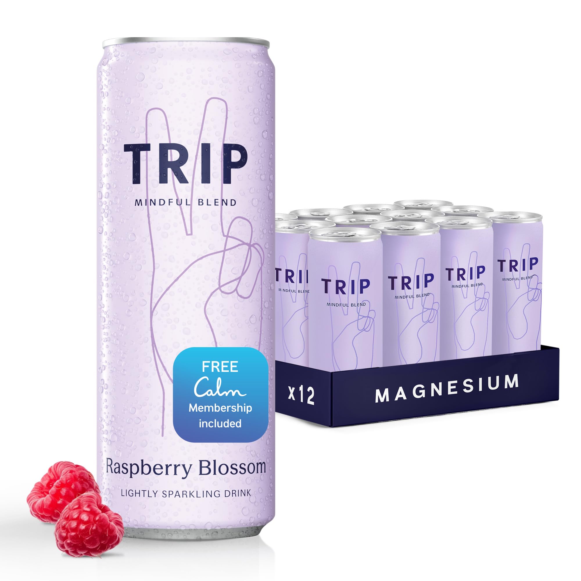 TRIP Lightly Sparkling Adaptogen Drink, Non Alcoholic Drink with Magnesium, Ashwagandha, Lions Mane & L Theanine, No Added Sugar Mocktail, Vegan, Raspberry Blossom, 12 Oz, 12Pk