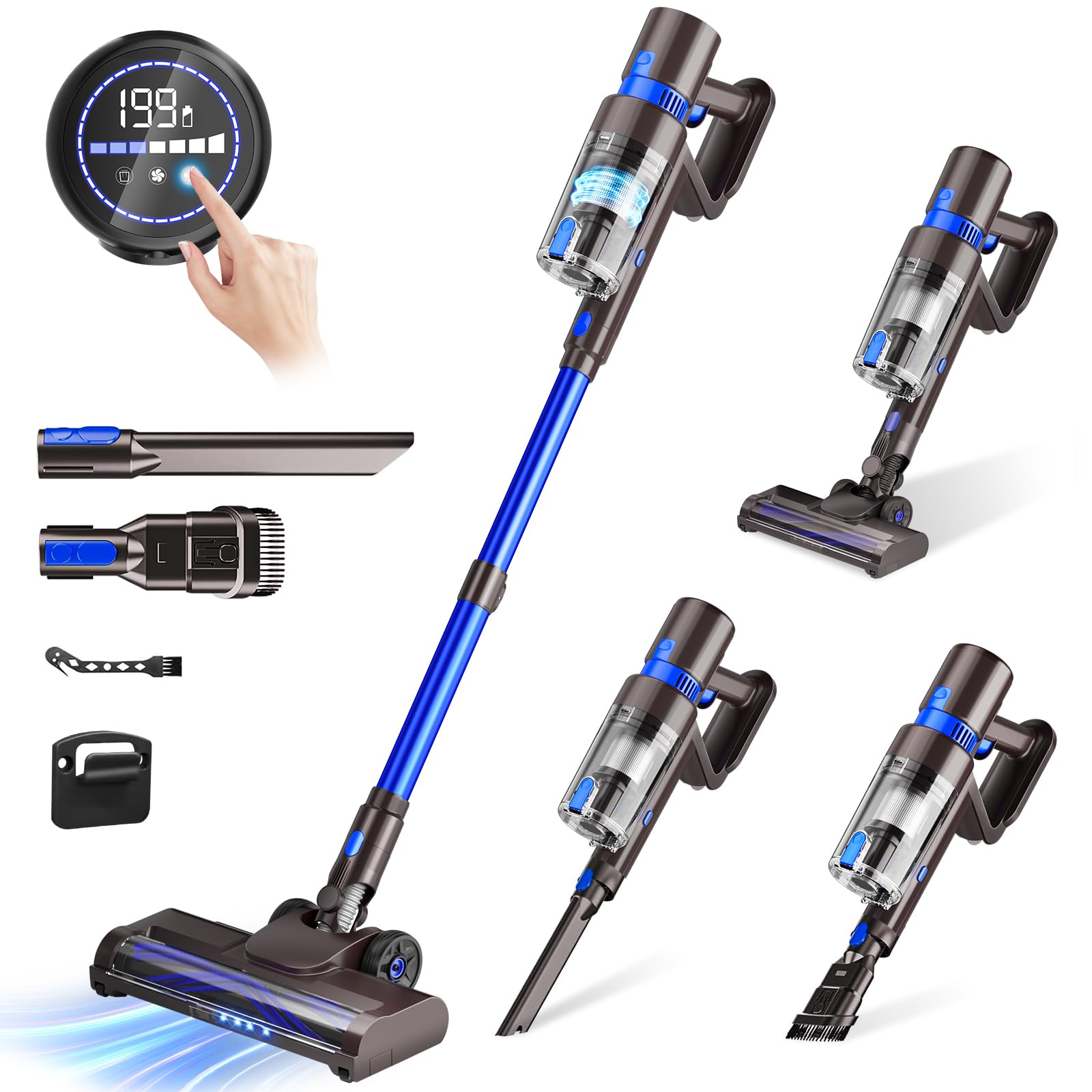 KCLASO Cordless Vacuum Cleaner, 550W 45KPA 50Min Vacuum Cleaners for Home, Self-Standing Stick Vacuum with Touch Screen, 3 Power Modes, Rechargeable Battery, Handheld Vacuum for Pet Hair/Carpet/Floor