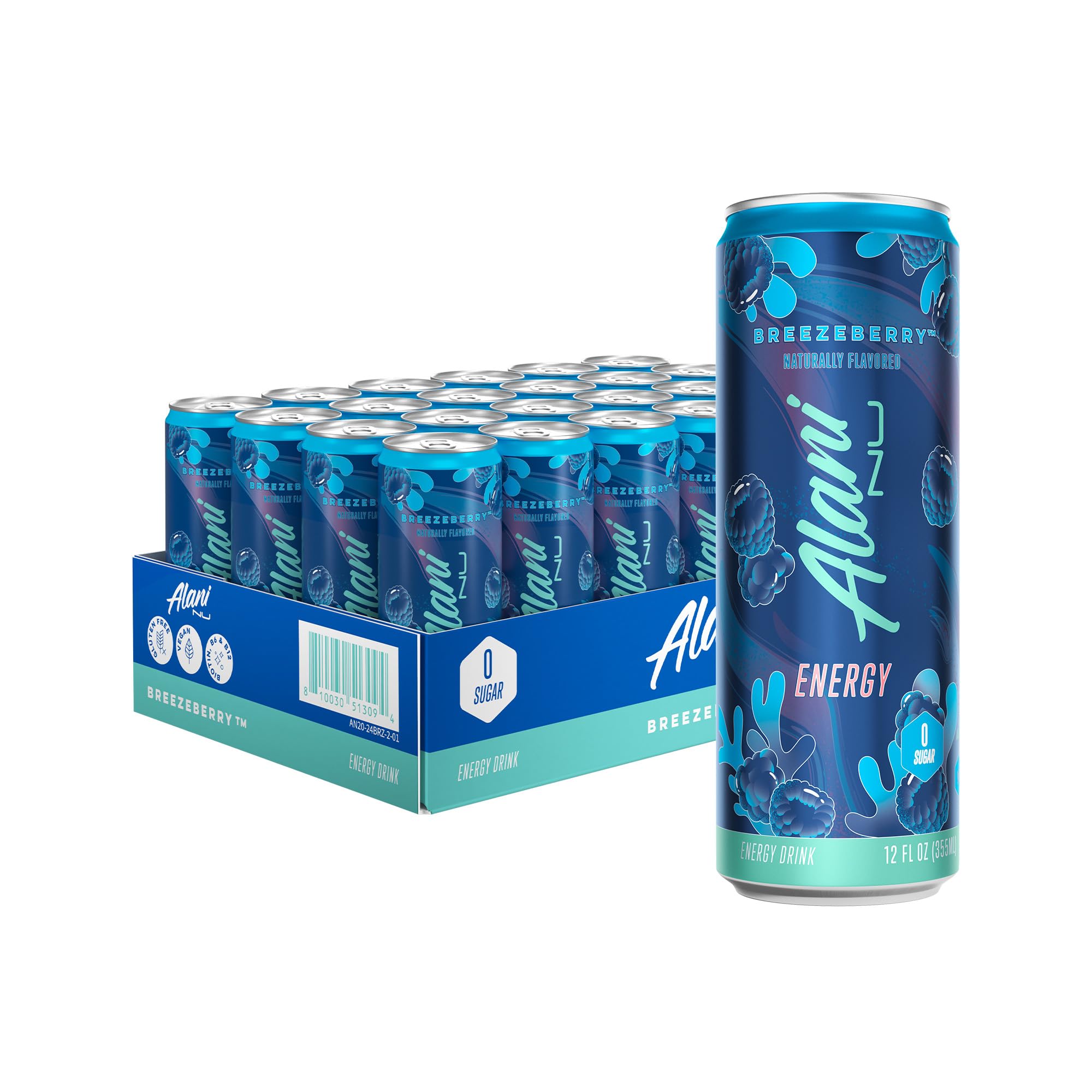 Alani Nu BREEZEBERRY, Sugar Free, Low Calorie Energy Drinks, 200mg Caffeine, Biotin, B Vitamins, Zero Sugar, 10 Calories, 12 Fl Oz Cans, 24 Pack