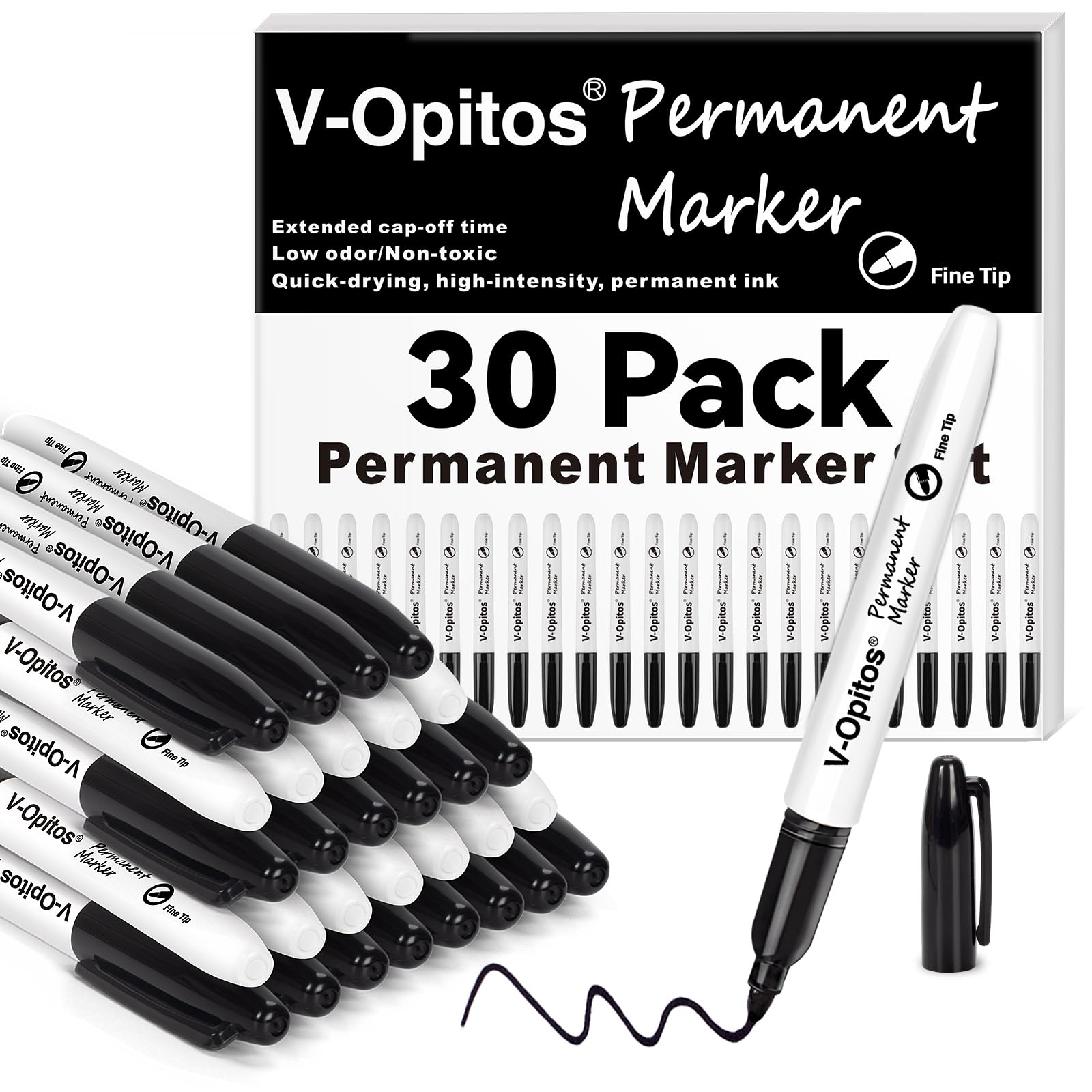 V-Opitos Black Permanent Markers Fine Point 30-Pack