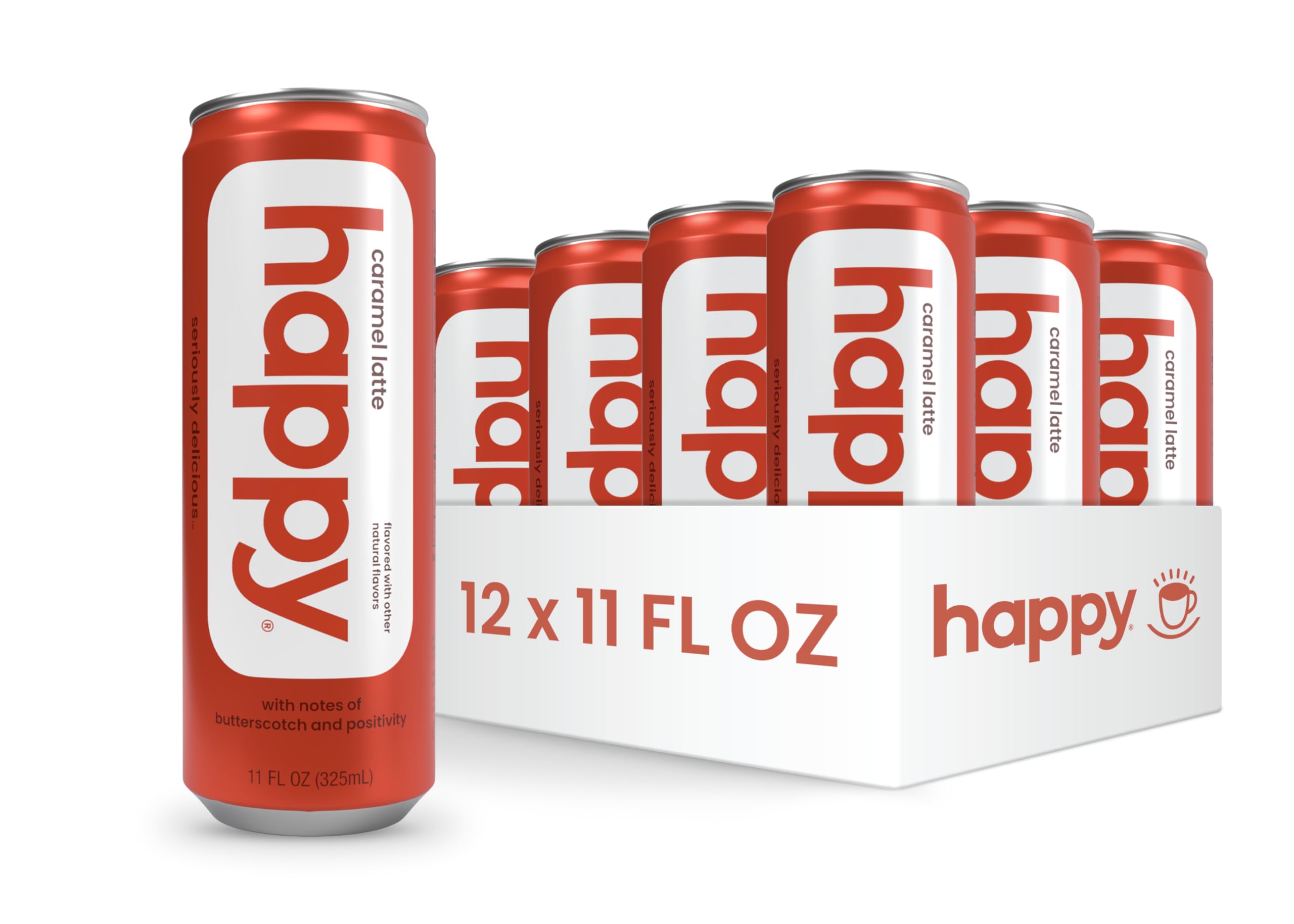 happy coffee canned caramel latte, 11 oz. can, notes of marshmallow & comfort, 100% arabica beans, no artificial flavors or sweeteners, 11oz