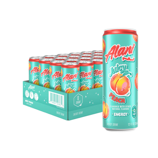 Alani Nu JUICY PEACH, Sugar Free, Low Calorie Energy Drinks, 200mg Caffeine, Biotin, B Vitamins, Zero Sugar, 10 Calories, 12 Fl Oz Can, 12oz