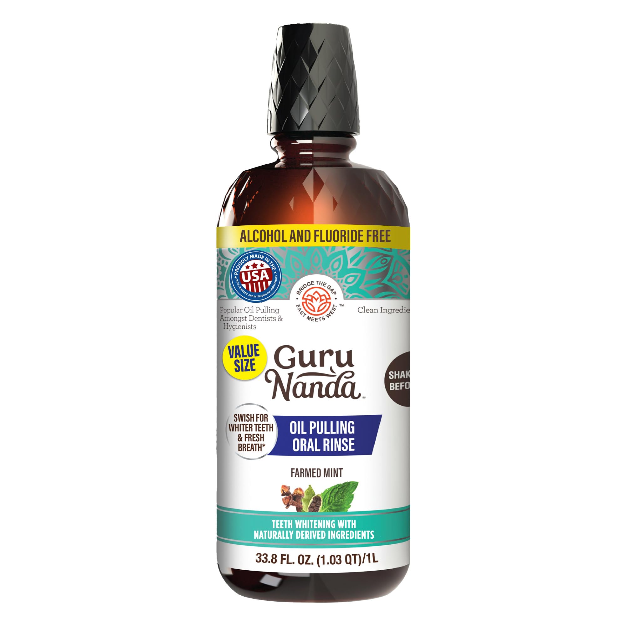 GuruNanda CocoMint Oil Pulling Mouthwash for Complete Oral Hygiene, 7 Essential Oils & Vitamins for Happy Teeth & Gums & Fresh Breath, Alcohol-Free, 33.8 Fl Oz/1L