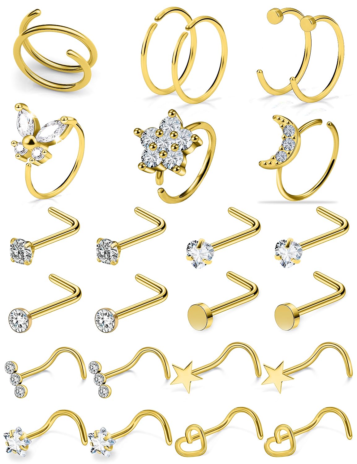 Ocptiy 20G Gold Nose Ring Studs & Hoops Set