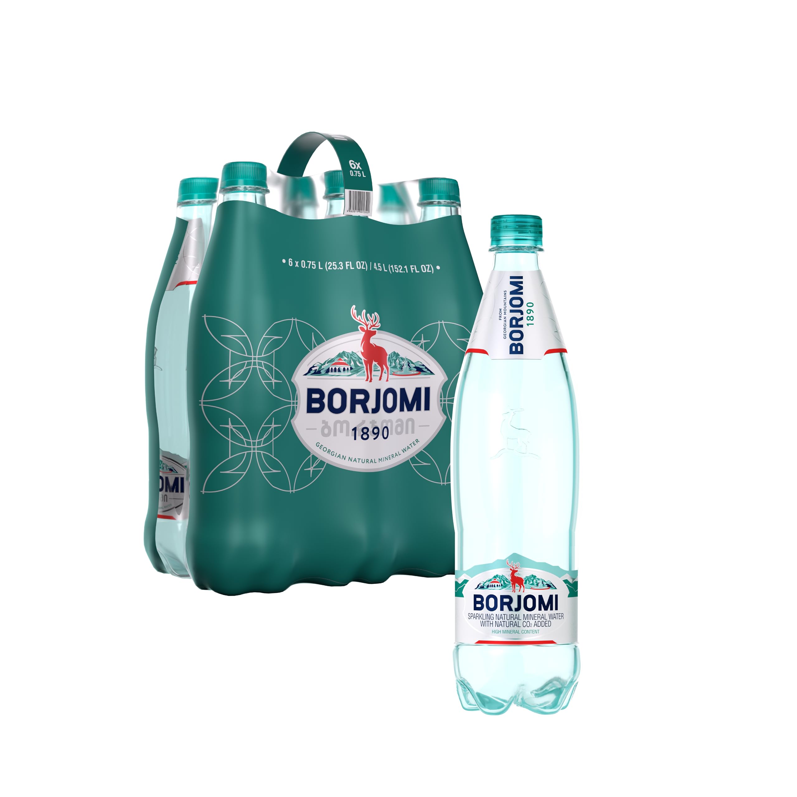 BORJOMI Sparkling Natural Mineral Water, with Natural Gut-Healthy Minerals, Naturally Alkaline, Crispy and Bold Taste, PET Bottles, 25.3 fl oz, 6 Pack