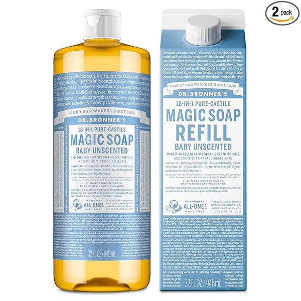 Dr. Bronner's Pure-Castile Liquid Magic Soap Bottle & Refill Carton - Made with Regenerative Organic Certified Oils- 18-in-1 Uses for Face, Body Wash, Hand Soap Refill- Baby Unscented, 32 oz
