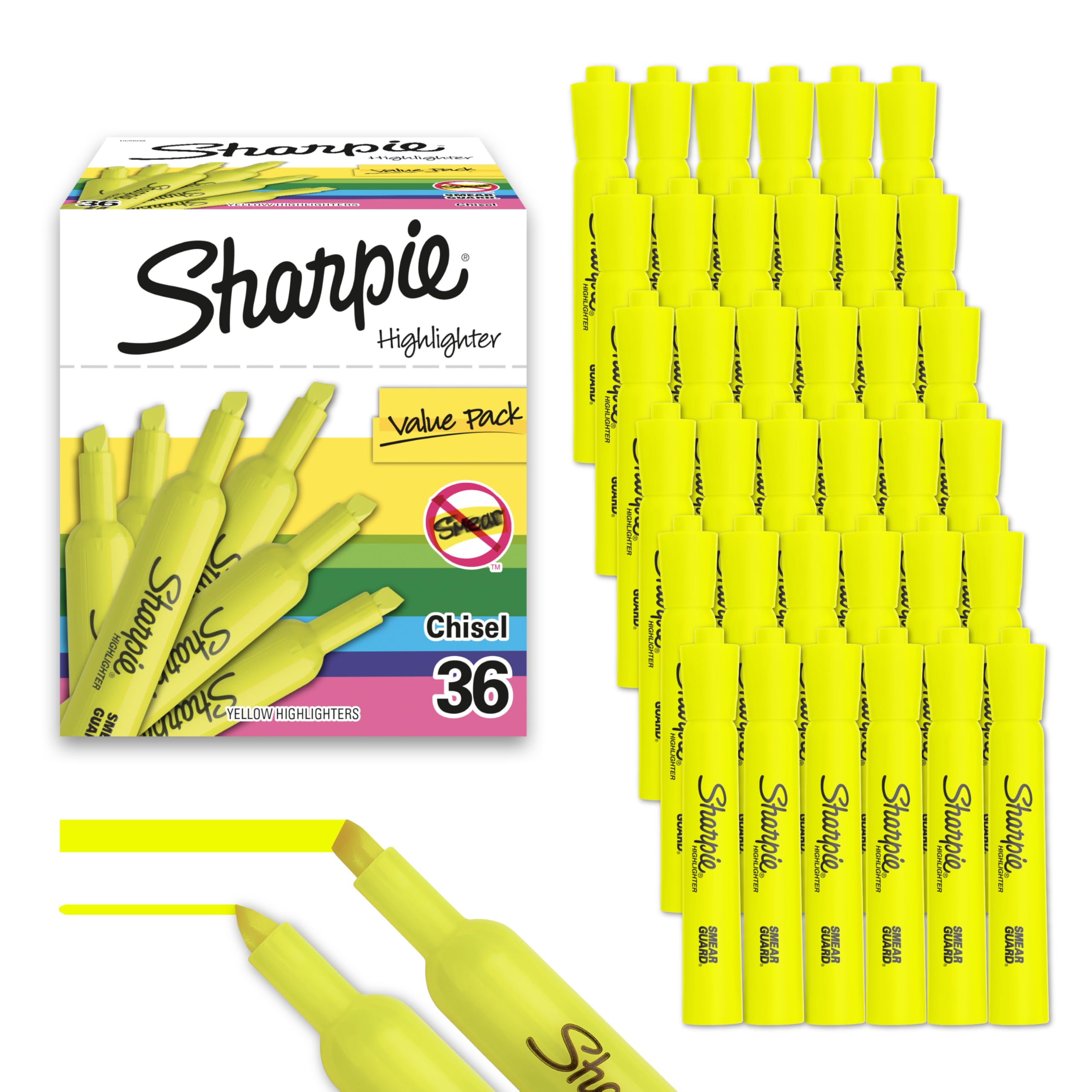 Sharpie Tank Style Highlighters, Chisel Tip, Fluorescent Yellow, Box of 36 (1920938)