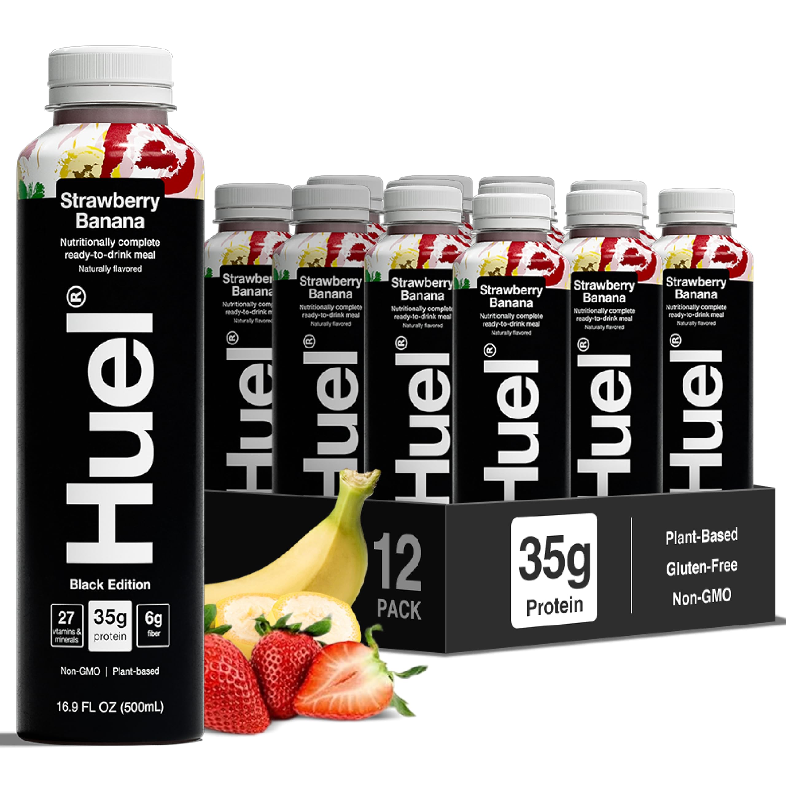 Huel Black Edition Ready-to-Drink | Strawberry Banana Meal Replacement Shake | 35g High Protein Drink | 27 Vitamins & Minerals, Vegan, Gluten Free | Plant Based | Low Sugar | 16.9 Fl Oz, 12 Pack