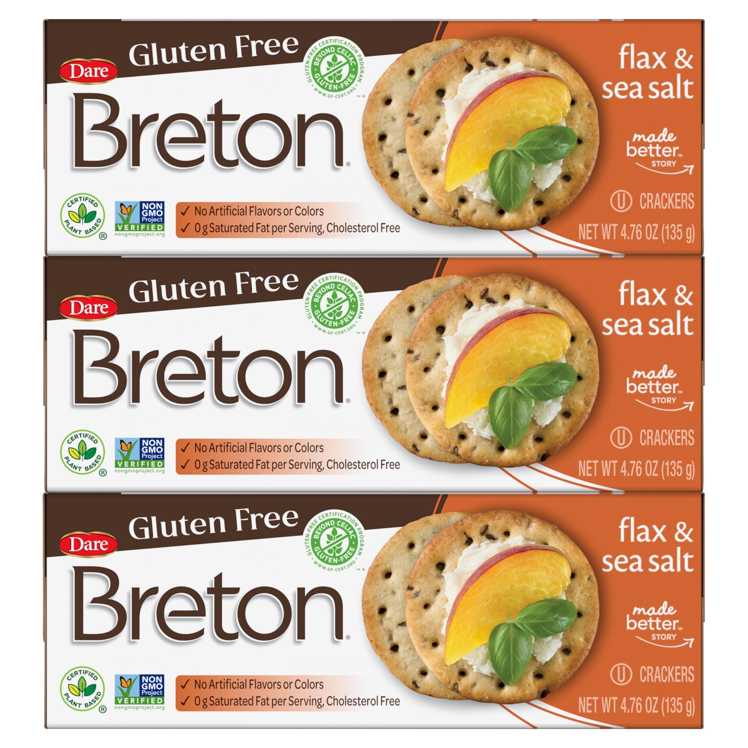 Breton Gluten Free Flax Sea Salt Crackers 4.76oz 3 Pack